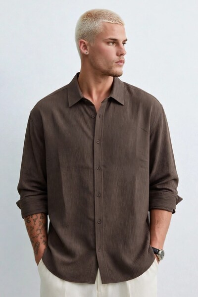 BARRELS AND OIL Men's Long Sleeve Tree Bark Shirt - Bitter Brown