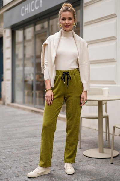 Chiccy Italian Pistachio Green Elastic and Tie-Waist Straight-Leg Slim Corduroy Woven Trousers 98 62