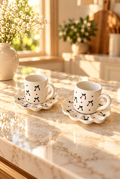 Trouvaille Cherry Patterned 2-Person Ceramic Turkish Coffee Cup Set 4-Piece F...