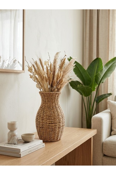LOVYCO Vază din răchită naturală, realizată manual - Vază decorativă în stil boho cu flori uscate și pampas - Decorațiuni estetice pentru casă