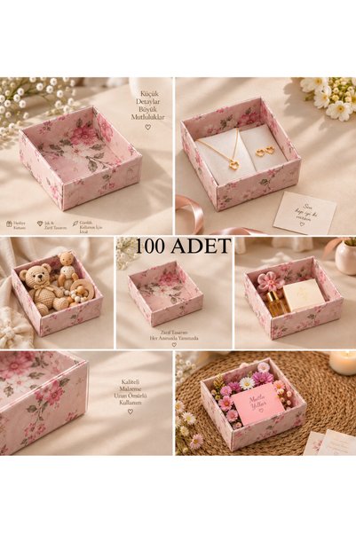 Dora Accessories 100 Adet 8x8x3 Desenli Selefonlu Pembe Çiçekli Asetat Kutu Düğün Nişan Kına Hediyelik Kutu Kargo Kutusu