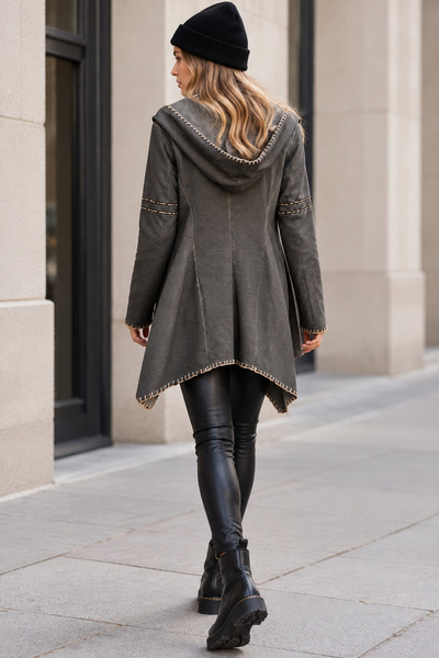 Boutique Juji BOHO GRUNGE KAPÜŞONLU ANTRASİT VİNTAGE UZUN CEKET