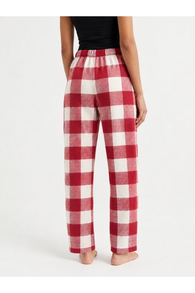 gökevim Unisex Plaid Patterned Fleece Pajama Bottoms Without Pockets Elastic Waist Comfortable Cut