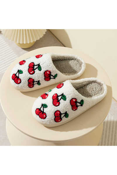 Choice 37-38 نعال منزلية نسائية بيضاء لطيفة بتصميم الكرز الصغير، من الفرو الن...