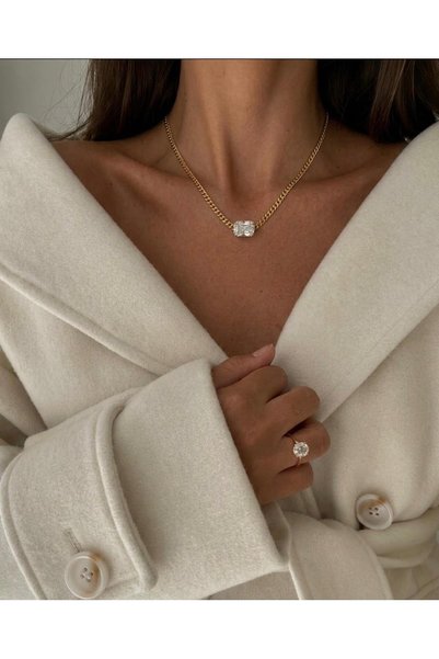 MonCheriAccessoire 14K Altın Kaplama Dikdörtgen Zirkon Taşlı Kolye