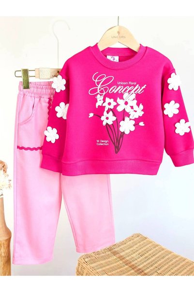 babymoon kids Girl's Fuchsia Floral Appliqué 3-Yarn Sweatshirt and Sweatpants...