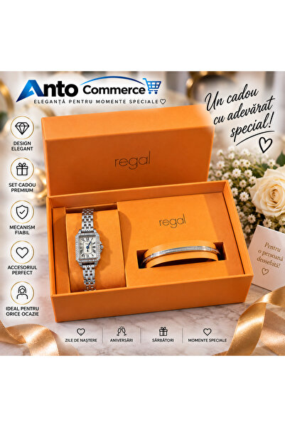 Regal Set Ceas damă – Eleganță în argintiu, ceas cu pietricele și brățară fin...