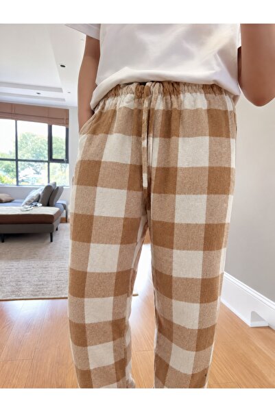 gökevim Unisex Plaid Patterned Fleece Pajama Bottoms Without Pockets Elastic ...