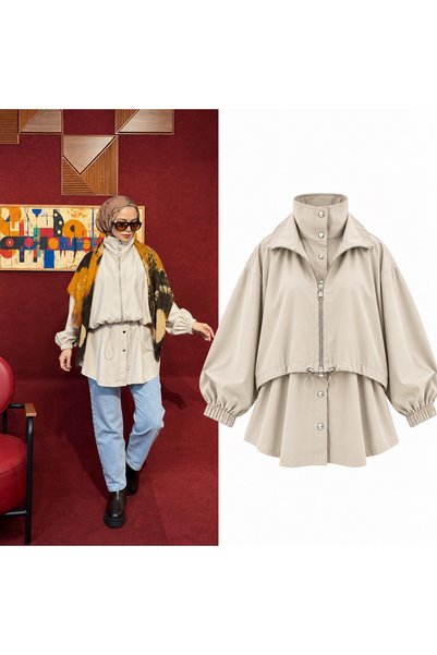WOHOME Women's Two-Piece Look Zippered Gathered High-Neck Jacket / Tunic