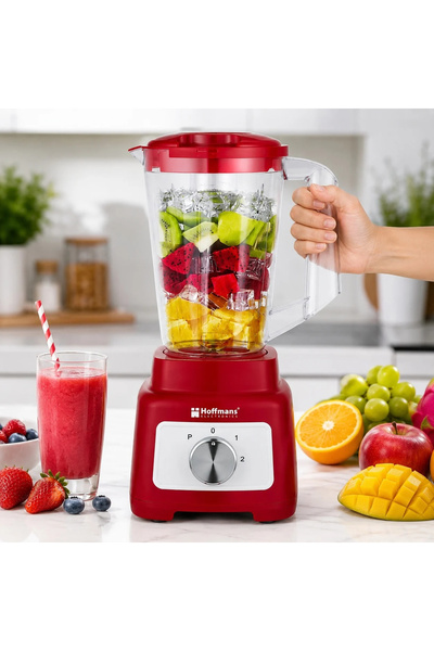 hoffmans Blender 2-în-1 cu funcție de măcinare, Capacitate vas 1.75L, Tehnologie ProBlend, 2 viteze + funcție Pulse, Recipient de măcinare inclus, Roșu/Alb