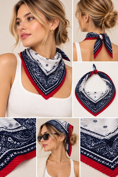 peralist Red Navy Blue Patterned Printed Pleated Scarf Bandana 45X45 cm