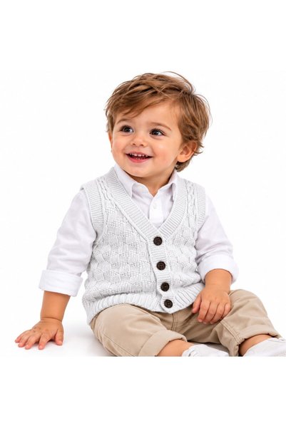 MASHASHOP Vestă tricotată bej pentru copii, decolteu în V, 98 cm