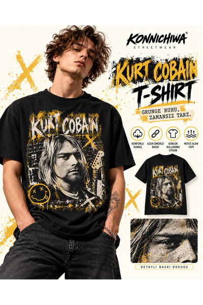 FG KONNİCHİWA Kurt Cobain Grunge Printed Black T-Shirt Kurt Cobain – Live the...
