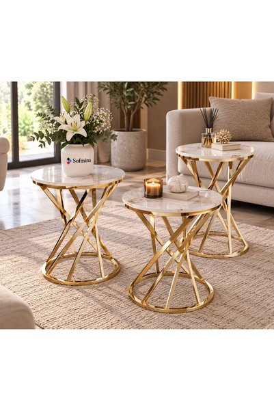 Sofmina 3'lü Zigon Sehpa Takımı Siyah Camlı Krom Metal Ayaklı Modern Salon ve...