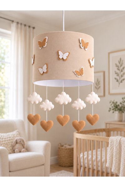 Leobabyroom Kelebekli Bebek Odası Avizesi Bej Karamel Bulut ve Kalp Sarkıtlı ...