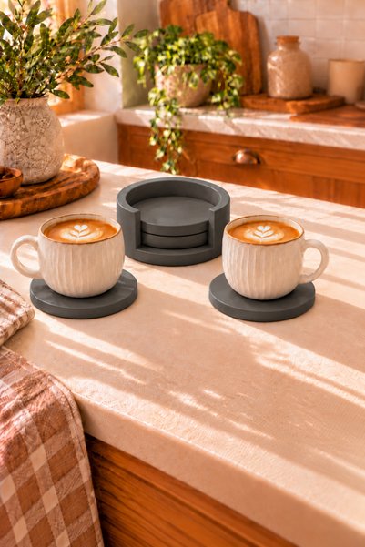 Zigzag Home طقم قواعد أكواب من الخرسانة المزخرفة بلون الأنثراسيت مكون من 4 قطع مع قواعد أكواب على الطراز البوهيمي