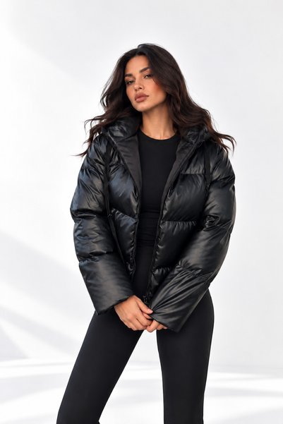 Celiora Women's Hooded Zippered Faux Leather Puffer Coat