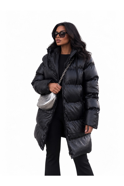 Celiora Women's Long Hooded Faux Leather Puffer Coat