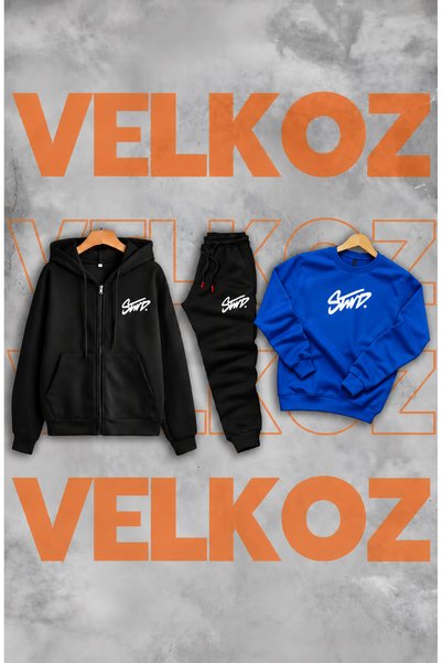 Velkoz SWD Baskılı 3 Lü KIŞLIK(Fermuarlı ve Sıfır Yaka Sweatshirt) Eşofman Ta...