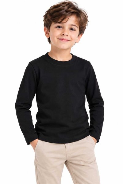BABİDO Girls Boys 100% Cotton Long Sleeve Crew Neck Basic Badi T-Shirt Unisex Seasonal 4-12 Years (3 Pieces)