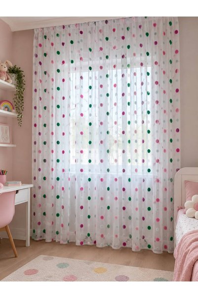 Perdenin Adresi Children's Room Tulle Curtain with Linen Background and Colorful Pompoms – Pleated, Pink Green Purple Decorative Tulle
