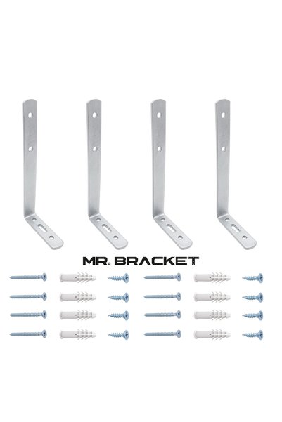 MR.BRACKET 6x11.5cm - 4 ad. Gümüş Modern Çelik Raf Altı Ayak - Metal Raf Tutucu L Demir Duvar Destek Aparatı