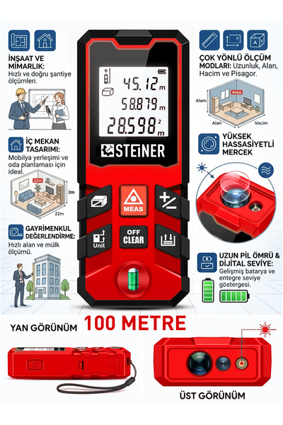 STEİNER 100 Metre Su Terazili Uzunluk Alan Hacim Pisagor Ölçüm Cihazı Dijital Mesafe Ölçer Lazer Metre Kırmızı