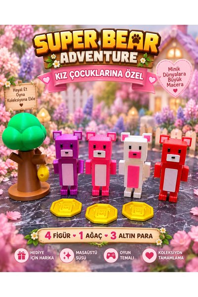 VRDCHLOE Super Bear Adventure Kız Çocukları İçin 4'lü Hareketli Ayı Figür Oyu...