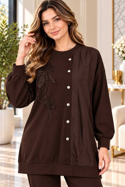 Puane Tunik Bluz Tesettür Tunik Önü Çıt Çıt Detaylı Boncuk Çiçek İşlemeli