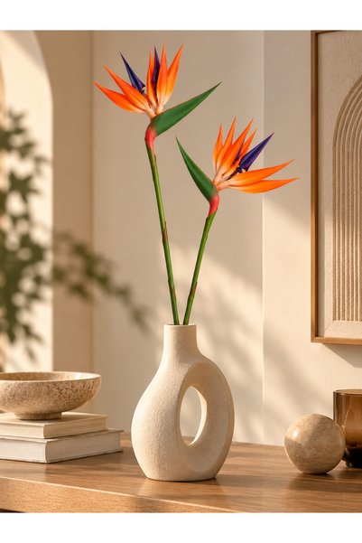 Beitna Helw Set of 2 Artificial Bird of Paradise Flowers, Orange & Purple Tropical Blooms with Green Stems, Home Decor