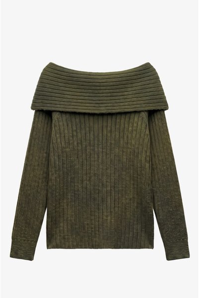 Havoş Khaki Slit Collar Madonna Sweater