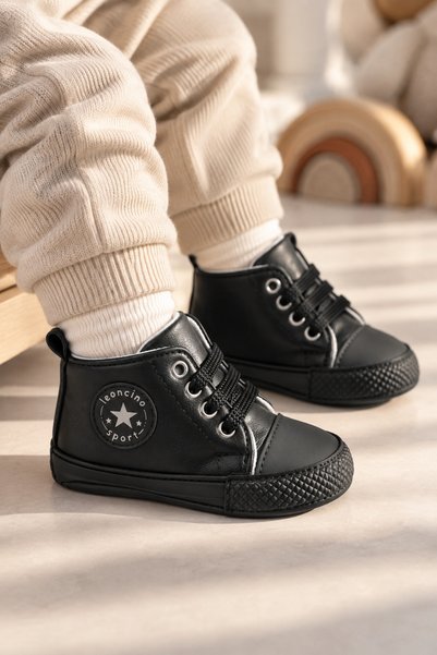 VestioStore Siyah Bağcıklı Yıldız Armalı Bilekli Yumuşak Taban Erkek Bebek Sp...