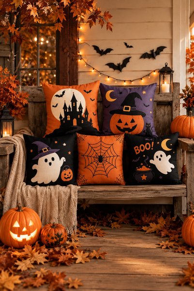 Atlas collection Halloween Decor Throw Pillow Set of 5 Halloween Decoration Ghost Pumpkin Castle