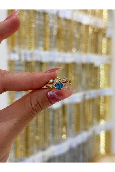 SU PERİSİ TAKI BİJUTERİ Adjustable Gold Blue Zircon Stone Heart Ring