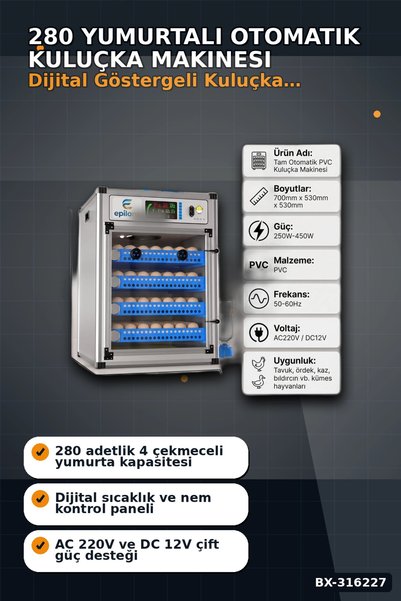 Eco Lounge Kuluçka Makinesi 280 Yumurta Kapasiteli 4 Çekmeceli Otomatik Çevirmeli Çift Voltajlı BX-316227