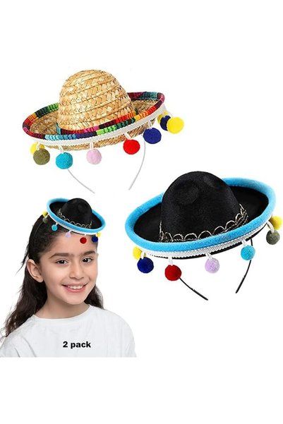KASTWAVE 2 PCS Mini Sombrero Headbands, Small Fabric Mexican Sombrero Hats wi...