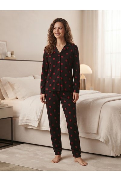 Glowzia Women's Plus Size Long Sleeve Buttoned Patterned Pajama Set up to 5XL