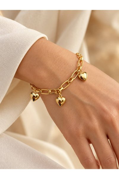 SEZİNİN TAKI DÜKKANI Gold Color Heart Charmlı Women's Bracelet