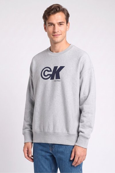 Calvin Klein Jeans Men Crew Neck Brand Logo Long Sleeve Sweatshirt, Grey