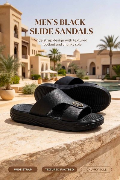 ArabTread Men's Slide Sandals – Wide Leather-Like Strap with Metal Buckle Det...