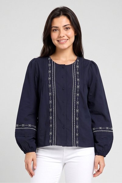 Daphnea Women Round Neck Embroidered Long Sleeve Blouse, Navy