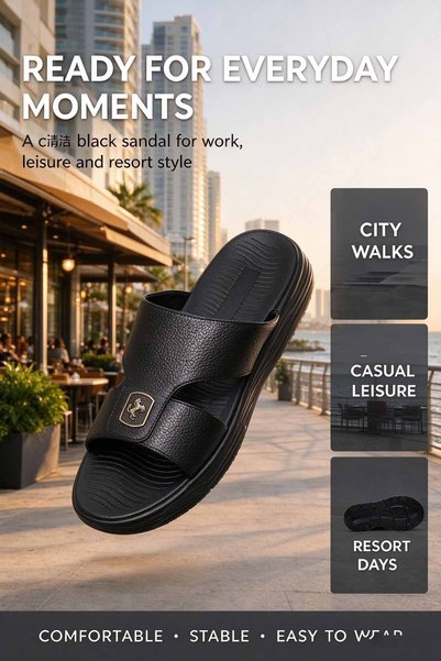 ArabTread Men's Slide Sandals – Wide Strap with Grain Texture & Metal Horse B...