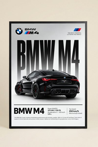 Kessy Home Studio BMW M4 Araba Temalı Siyah Beyaz Duvar Posteri Premium Çerçe...