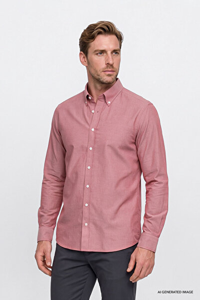 AC&Co / Altınyıldız Classics Erkek Kırmızı Pamuklu Yumuşak Dokulu Flanel Slim Fit Dar Kesim Düğmeli Yaka Gömlek