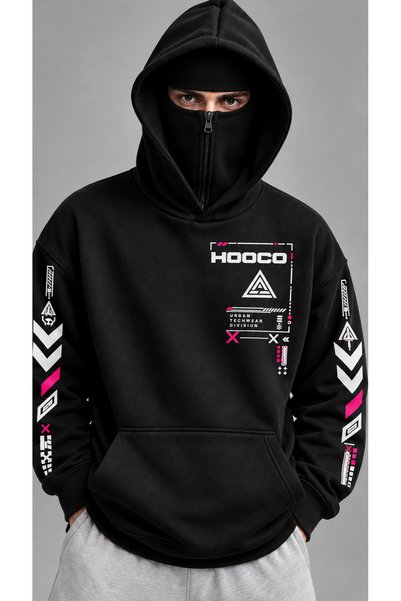 Hooco Cyber Tilki Unisex Oversize Ön Arka ve Kol Anime Baskılı Fermuarlı Mask...