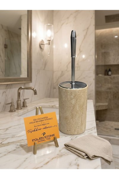 Polen Stone Travertine Stone Toilet Brush Holder - Bathroom Brush with Silver Detail