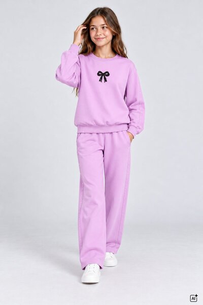 CansınMini Lila Girl's Bow and Stone Decorated Side Sequined Crew Neck Tracksuit Set 25021