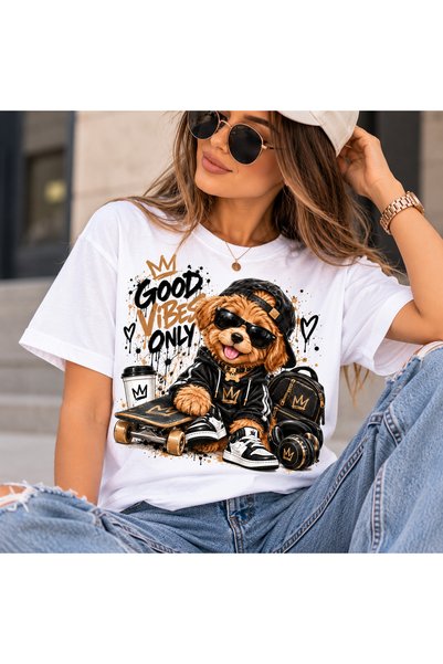 OEM Tricou Unisex Alb Good Vibes Only cu Cățeluș Cool – Imprimeu Streetwear, ...