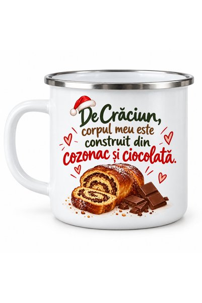 OEM Cană emailată De Crăciun, cozonac și ciocolată, metal emailat, albă