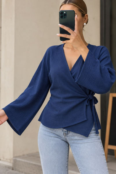 MYSSHOES Double-Breasted Cut, Navy Blue Blouse with Tie Detail